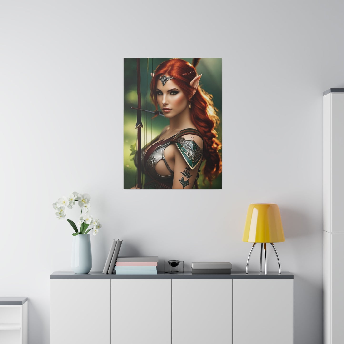 Strong elf woman with flowing red hai