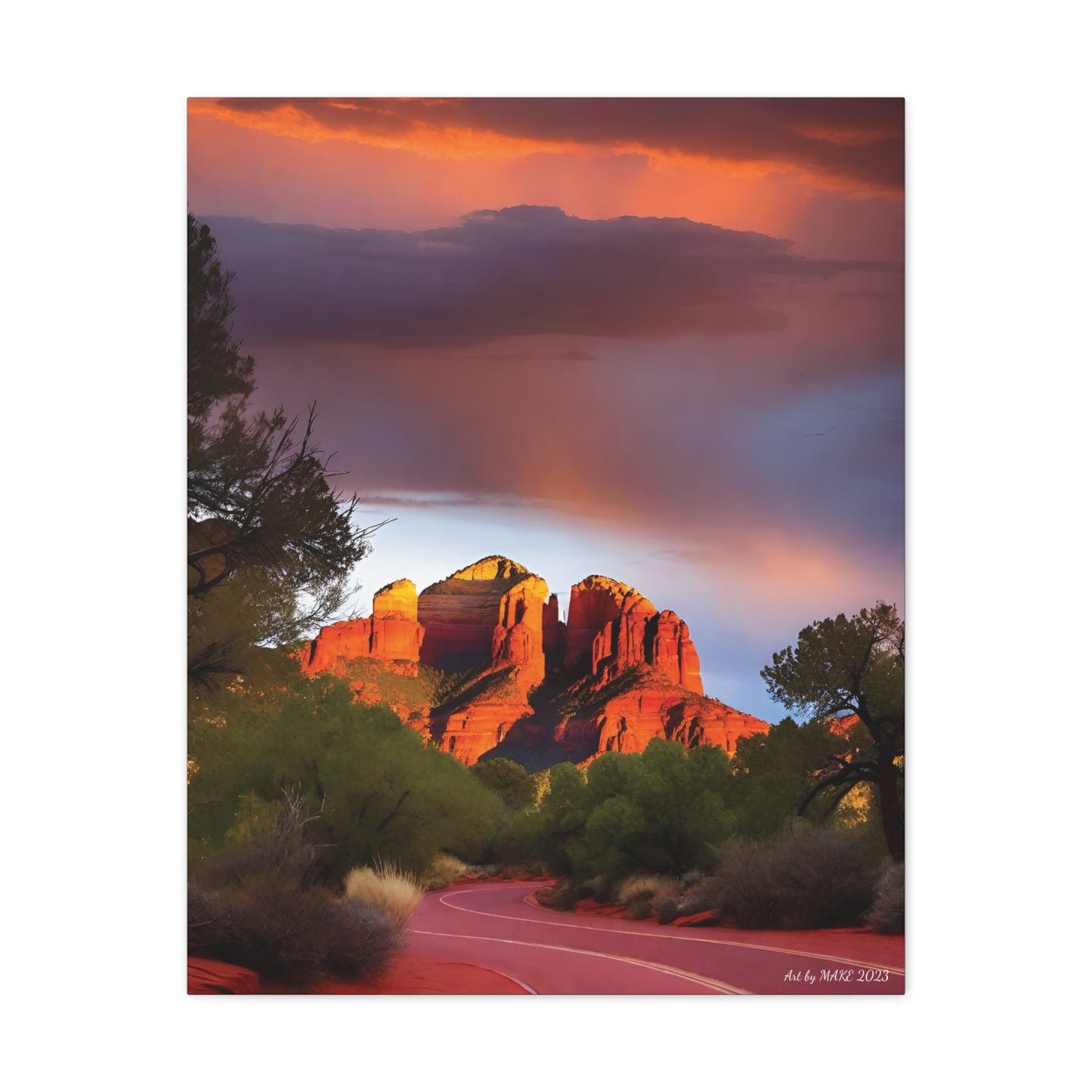 Road winding past red rock spire