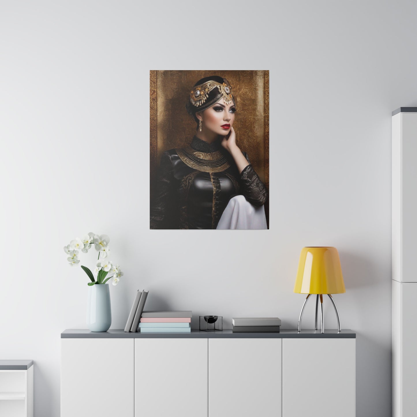 Beautiful woman against rich gold tapestry