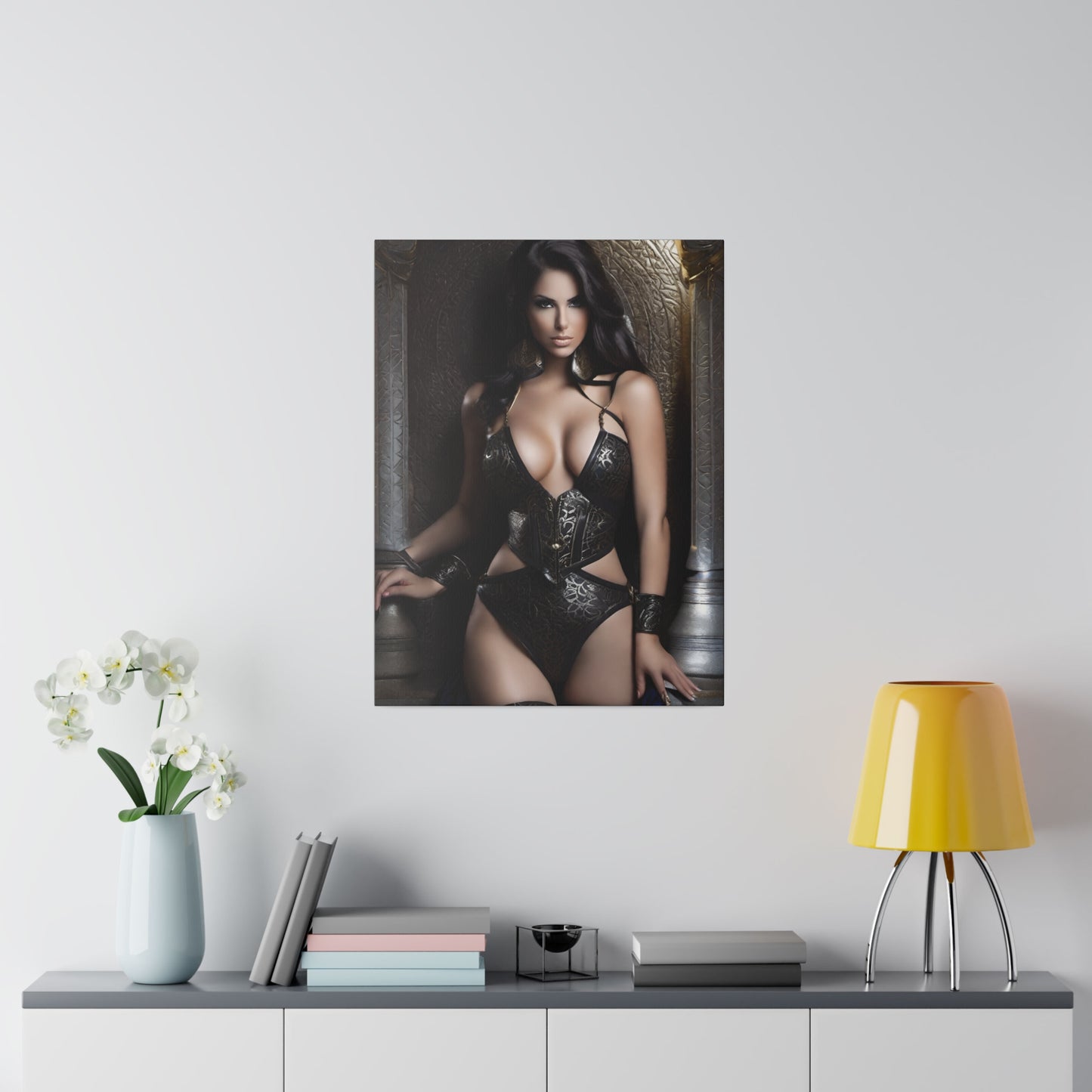 Woman in sexy leather fantasy attire