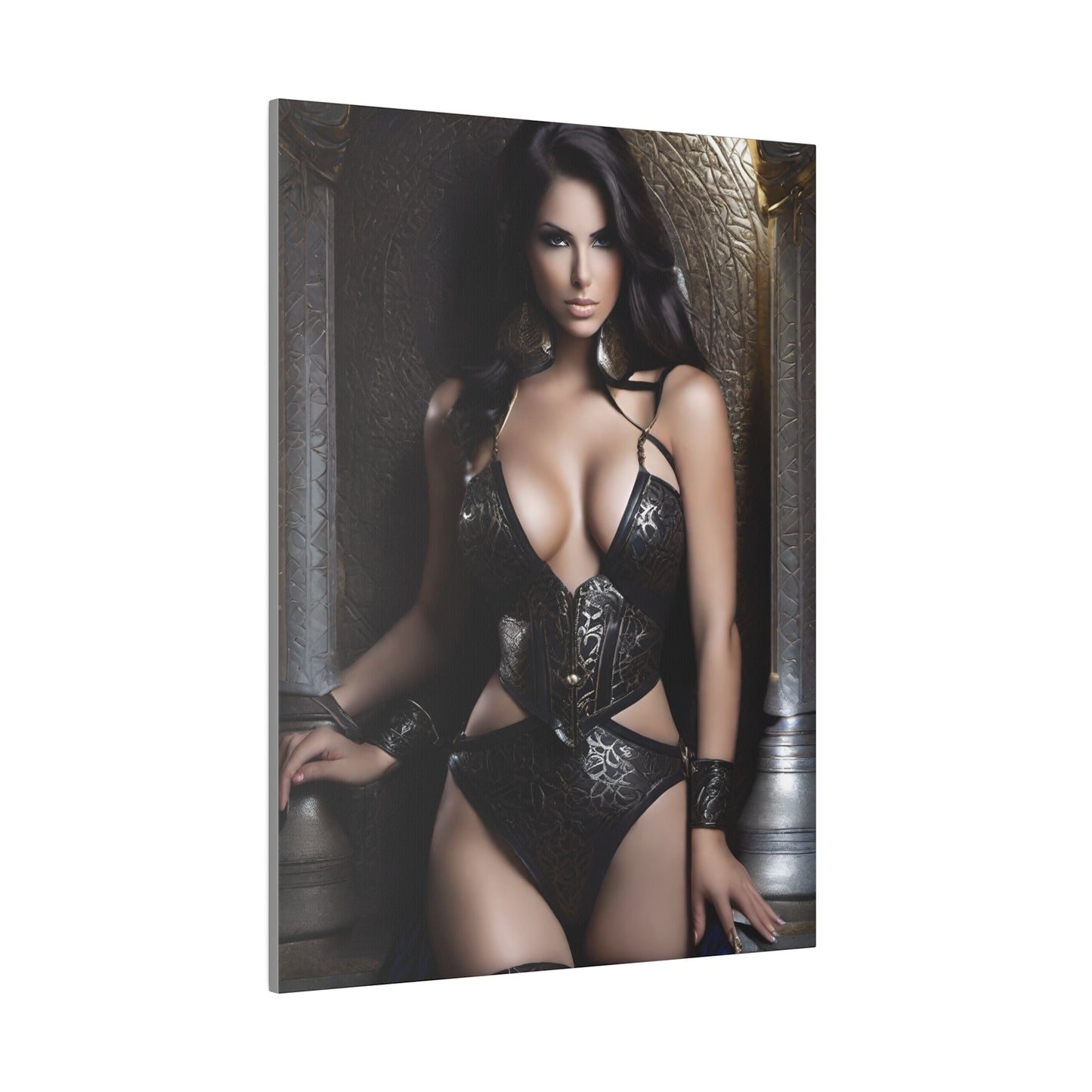 Beautiful woman in bold leather outfit