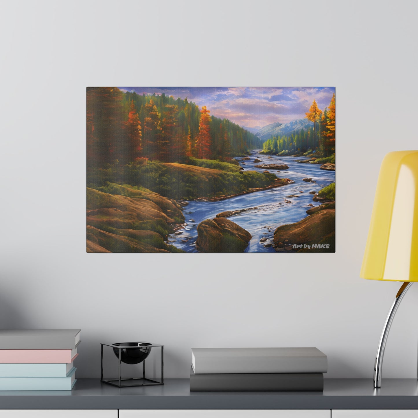 River with a mountain backdrop canvas