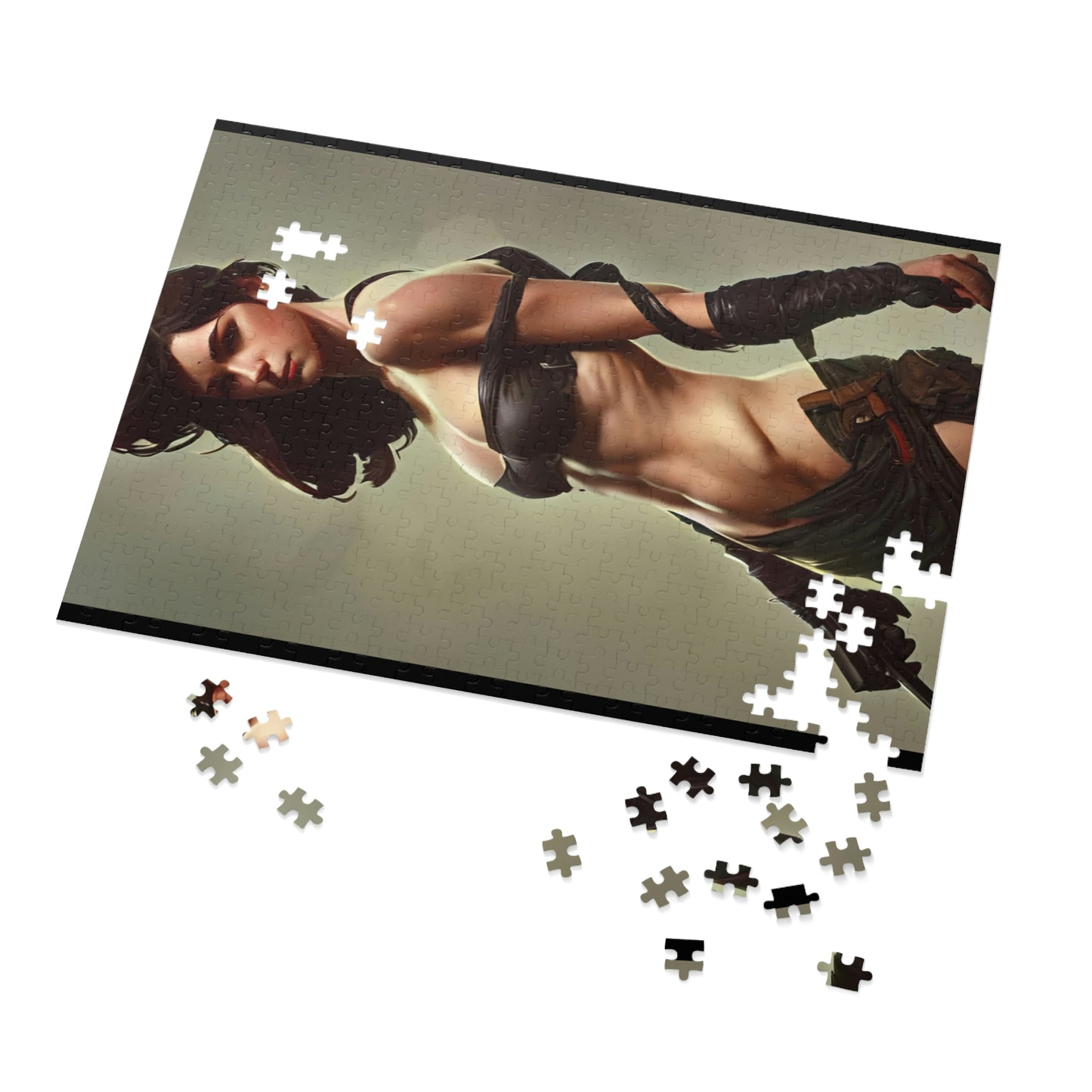 Epic battle scene with female warrior in puzzle