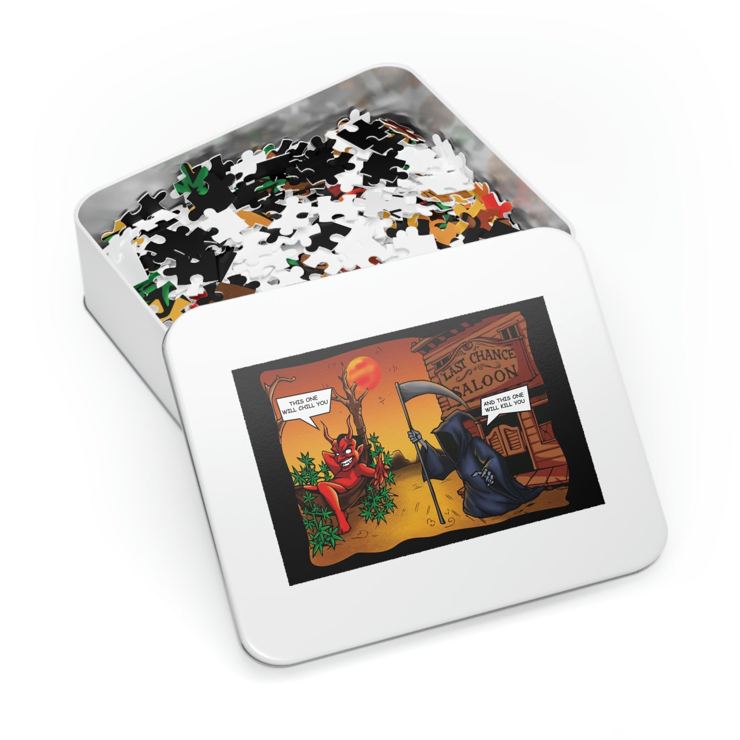 Puzzle pieces depicting an old western bar