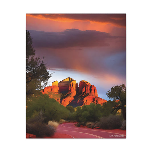 Road winding past red rock spire