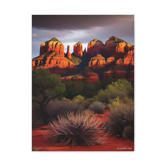 Dark spires rise from red rocks