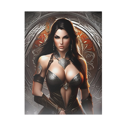 Heroic woman in front of symbol