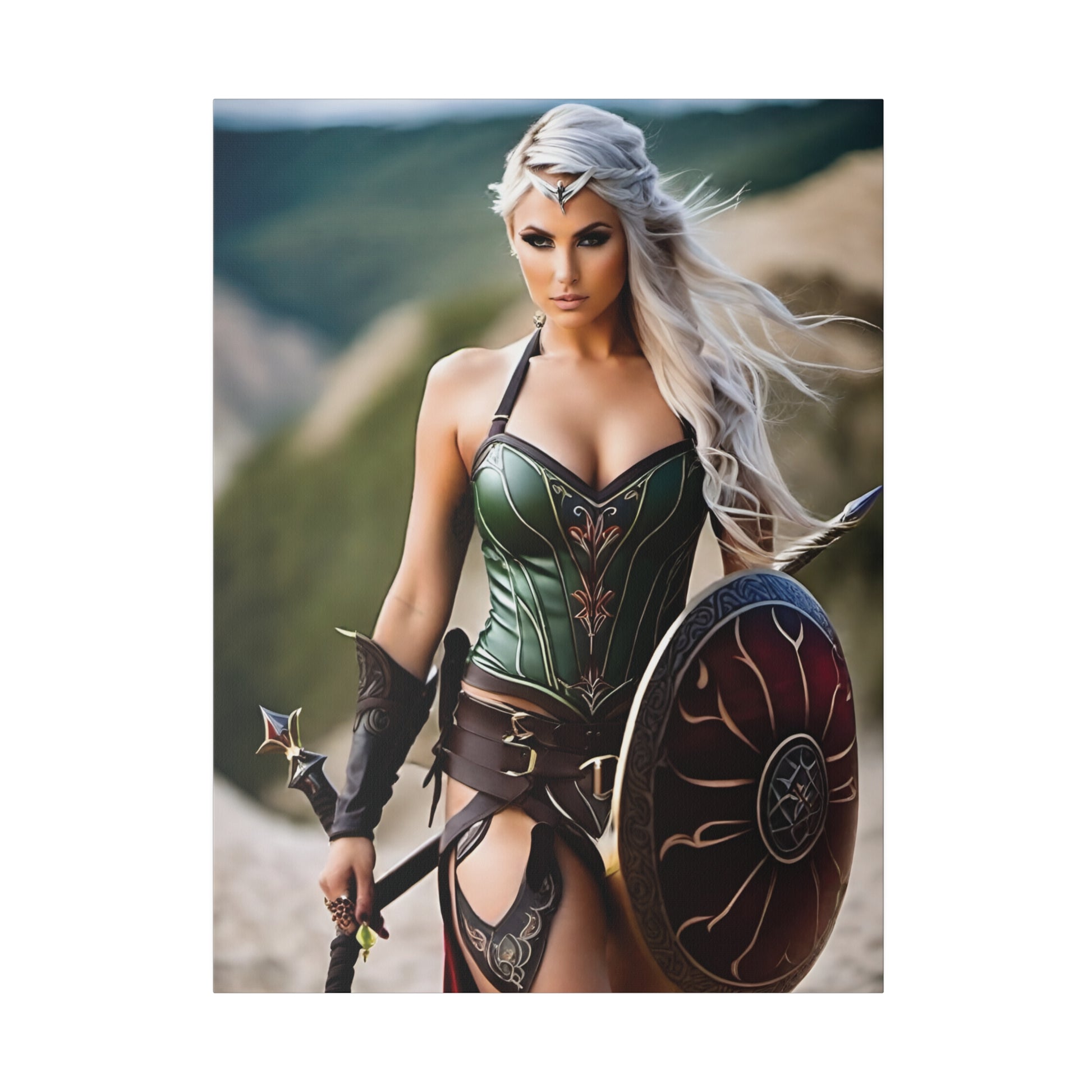 Fantasy art of elf woman holding shield