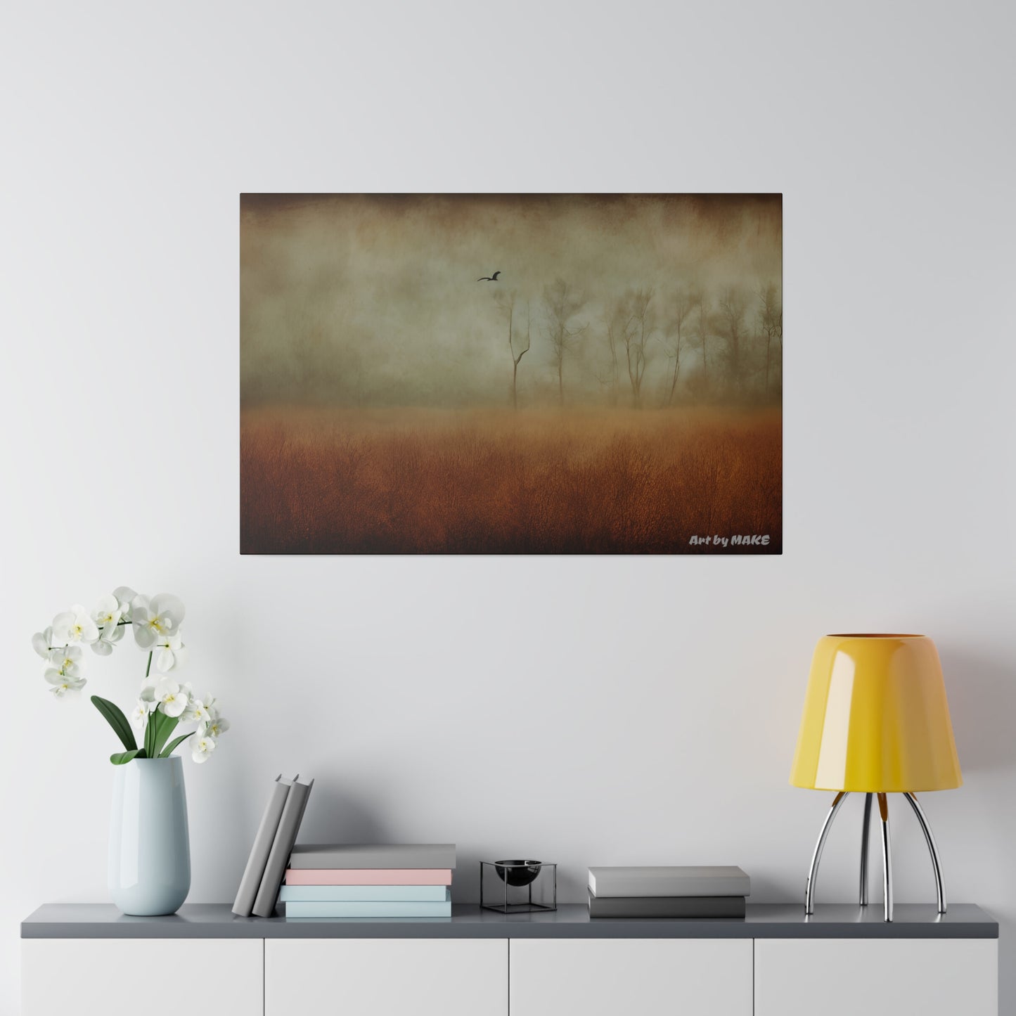Field scene canvas with scattered trees