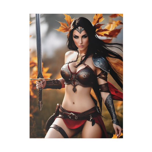 Red-wrapped warrior woman in action