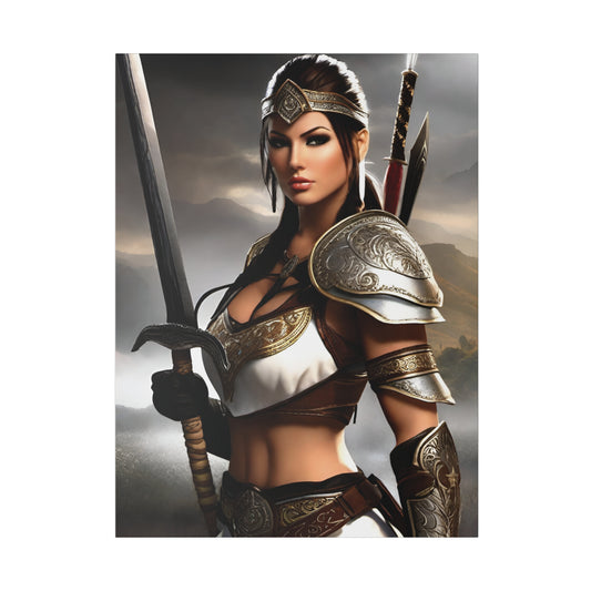 Woman in silver armor standing strong