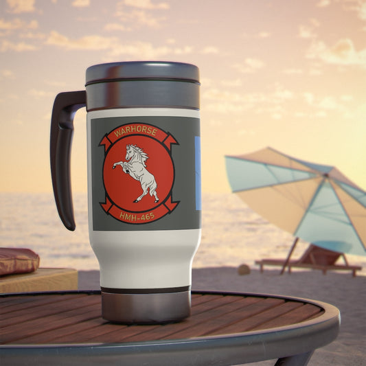 Close-up of Warhorse logo on travel mug