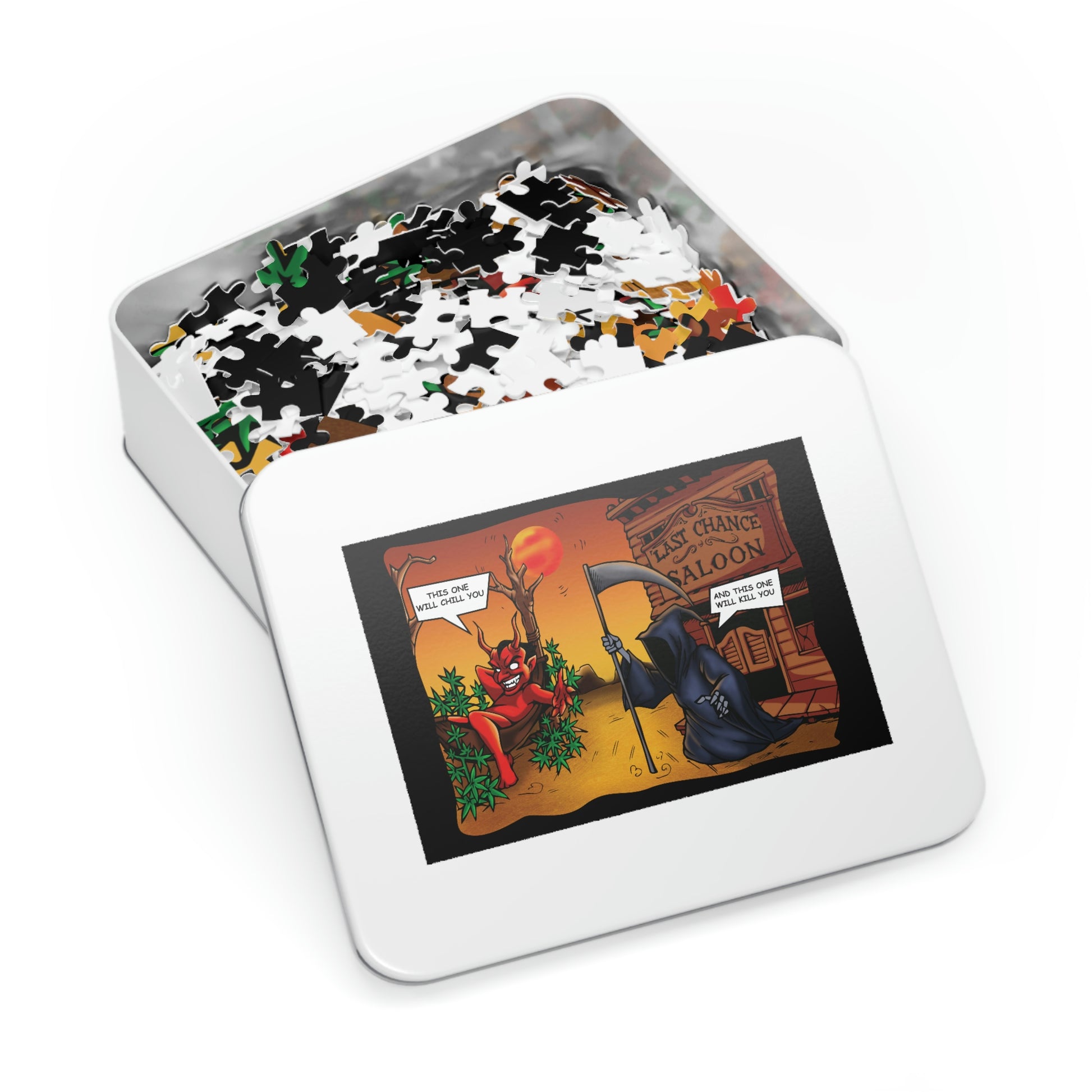 Puzzle pieces depicting an old western bar